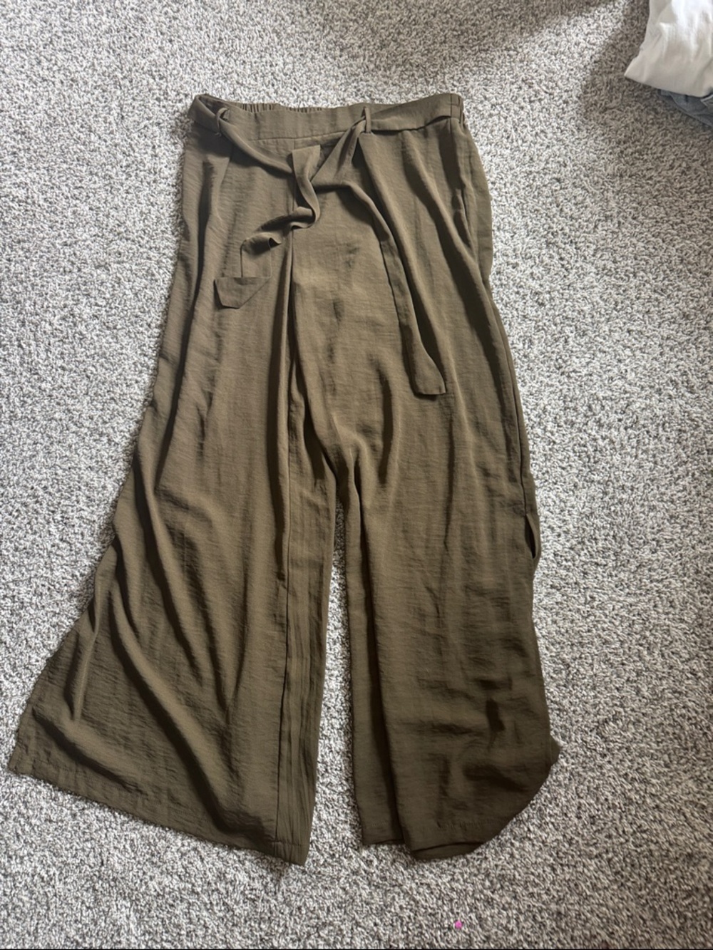 Dex Olive Green Textured Wide Leg Tie-Waist Pants